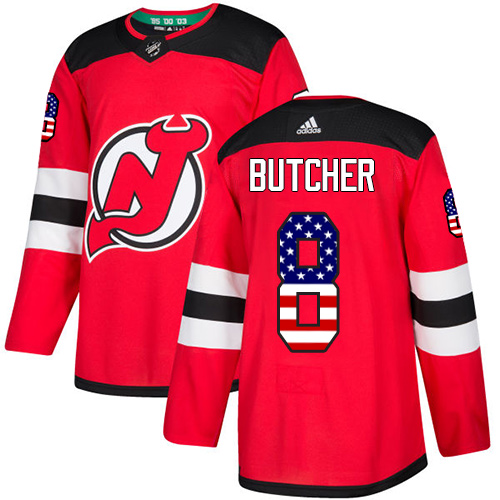 Adidas Devils #8 Will Butcher Red Home Authentic USA Flag Stitched NHL Jersey - Click Image to Close